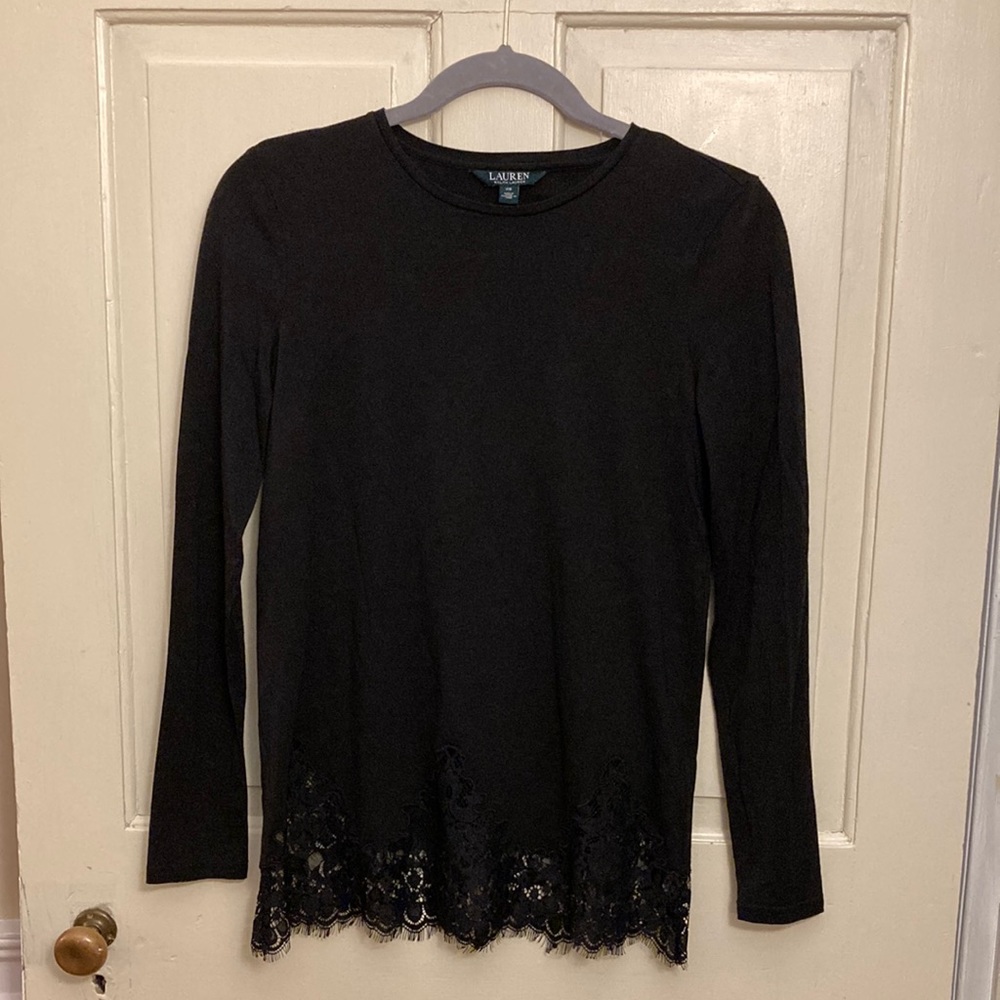 Lauren Ralph Lauren Long sleeve Black Tunic T-shirt with lace hem, Size XS